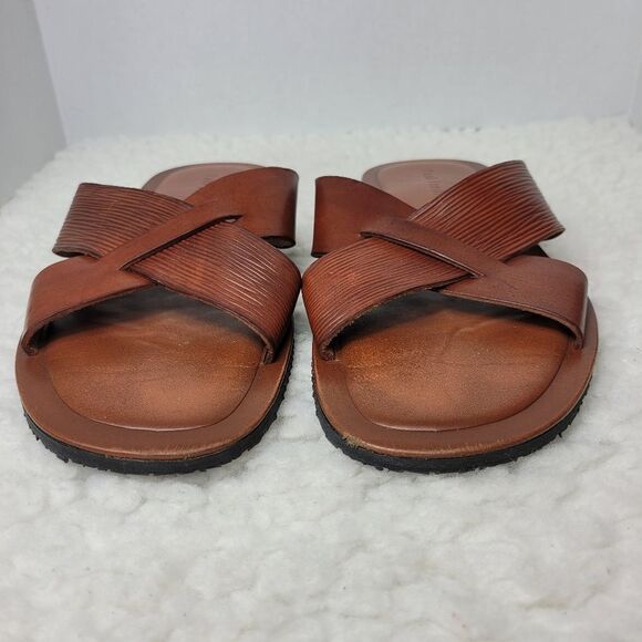 Paul Frederick Men's  Slide Sandal Size 12  Brown Leatger Crisscross Open Toe - Picture 2 of 10